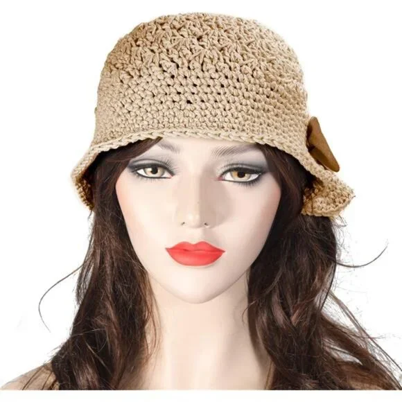 Women Winter Crochet Bucket Hat Bow Khaki